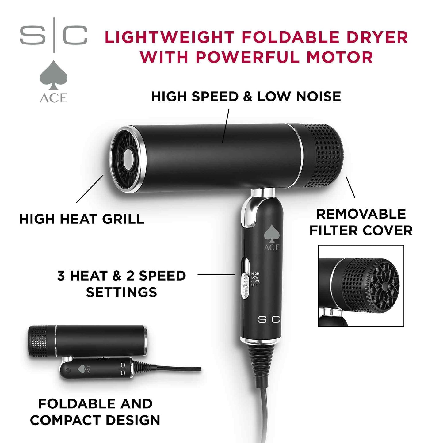 StyleCraft Ace Foldable Lightweight Hair Dryer with Powerful Motor with Diffuser and Concentrator Nozzle