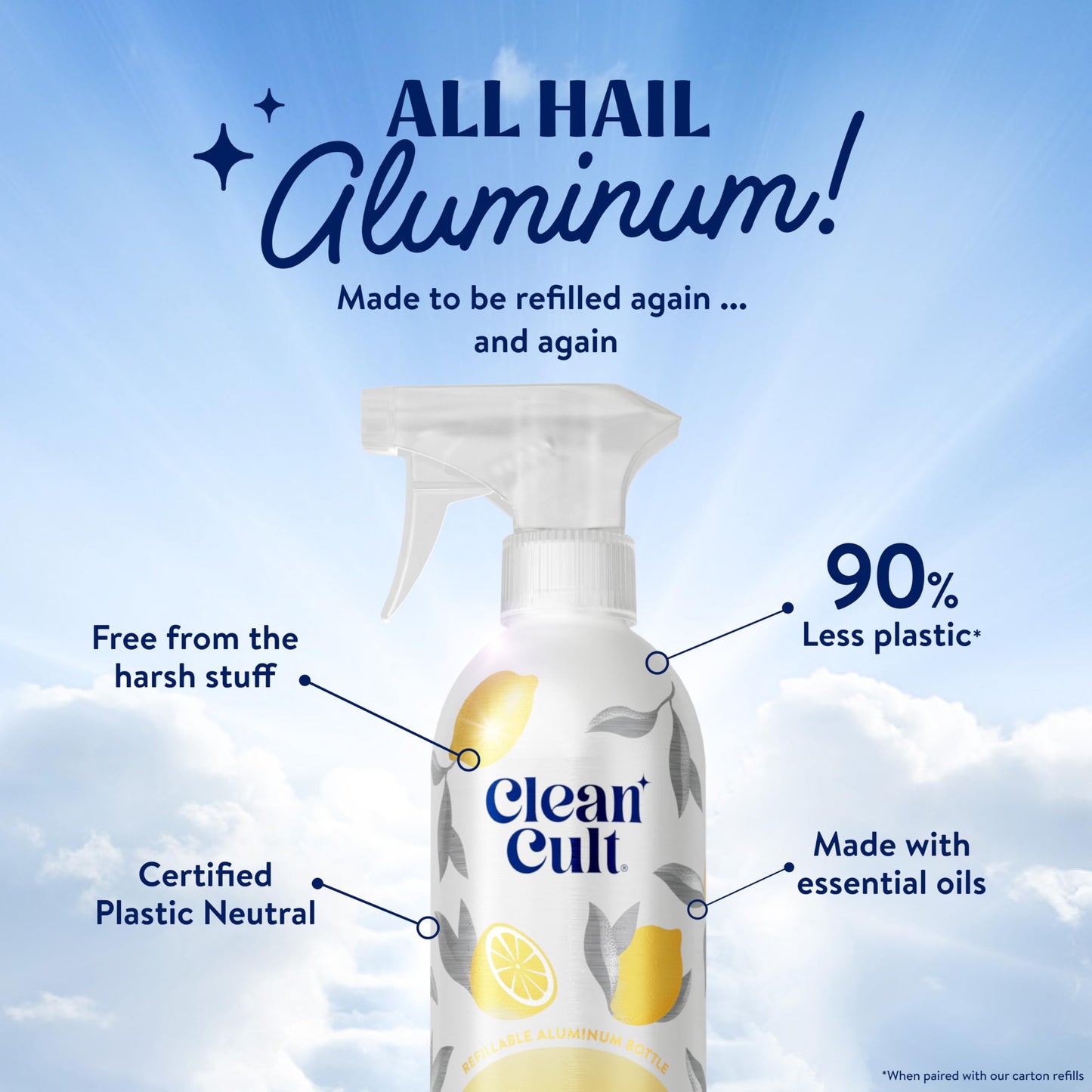 Cleancult - Lemon Verbena - All Purpose Cleaner - Refillable Aluminum Bottle - Cleaner Spray that Removes Dirty & Grime - 16 oz - 1 Pack