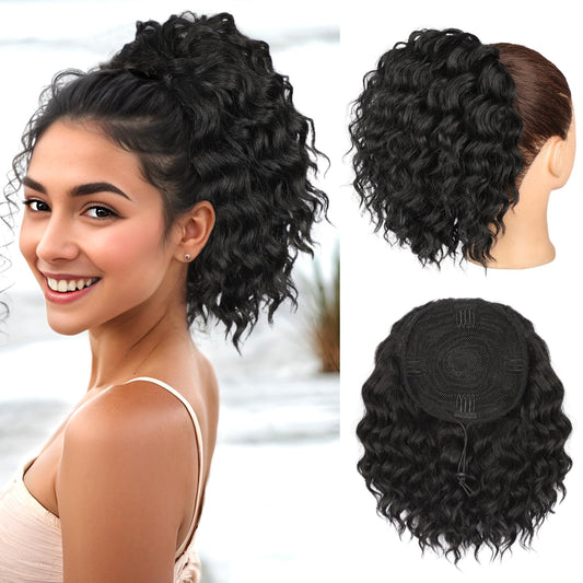 SHNMIN Ponytail Extension, Curly Drawstring Ponytail Extension for Women 8 Inch Curly Wavy Ponytail Yaki Textured Natural Fluffy Synthetic Hairpiece for Daily Use