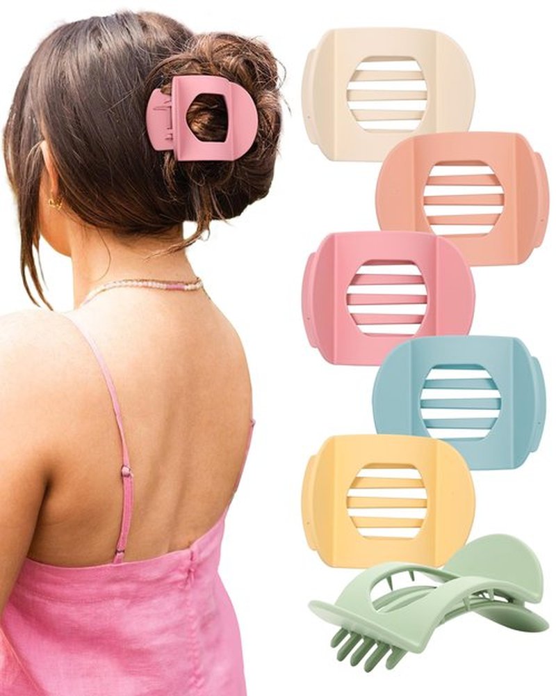 6 PCS Flat Hair Clips for Women Medium Non-slip Flat Claw Clip Strong Grip Hair Claw Clips Hair Barrettes for Thin Hair (Red Bean Paste+Pink+Green+Yellow+Blue+Off-White)