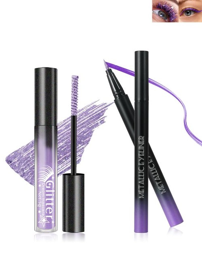 Glitter Mascara and Eyeliner Set, Diamond Sparkle Effect, Lengthening Volumizing Shimmer Colored Mascara for Eyelash, Waterproof Metallic Glitter Eyeliner Liquid, Women Cosplay Party Eye Makeup-Purple