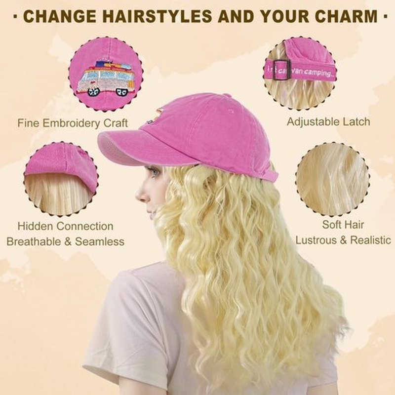 SUNBORRY Wig Hats with Long Hair Attached for Women, Baseball Cap with Curly Hair
