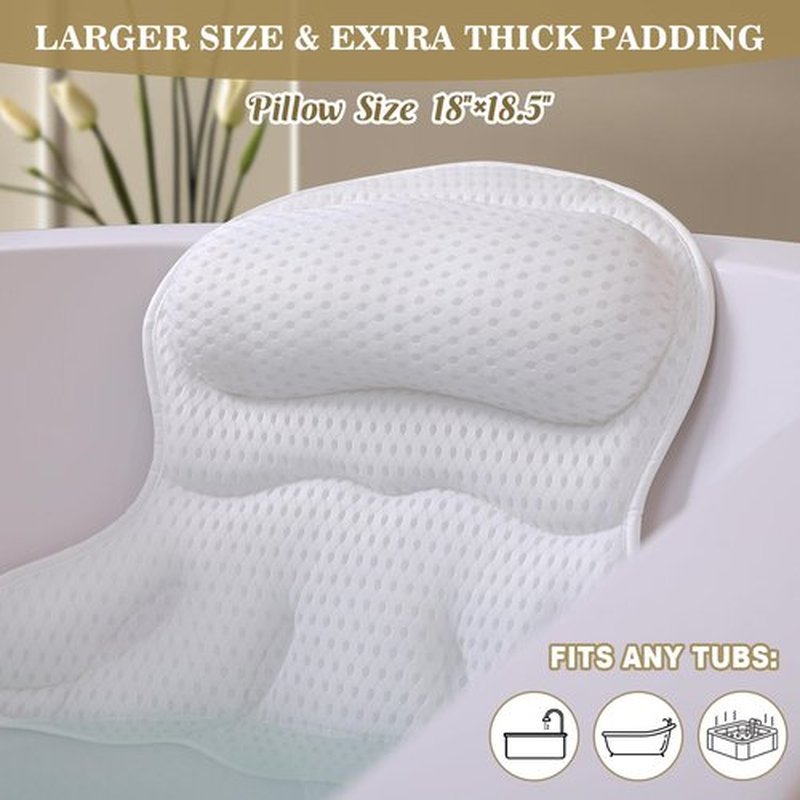 Bath Pillow Luxury Bathtub Pillow, Extra Soft & Comfortable Bath Pillows for Tub Head Neck and Back Support, with 4D Air Mesh Cushions & Non-Slip Suction Cups - Bath Accessories Spa Gifts for Women