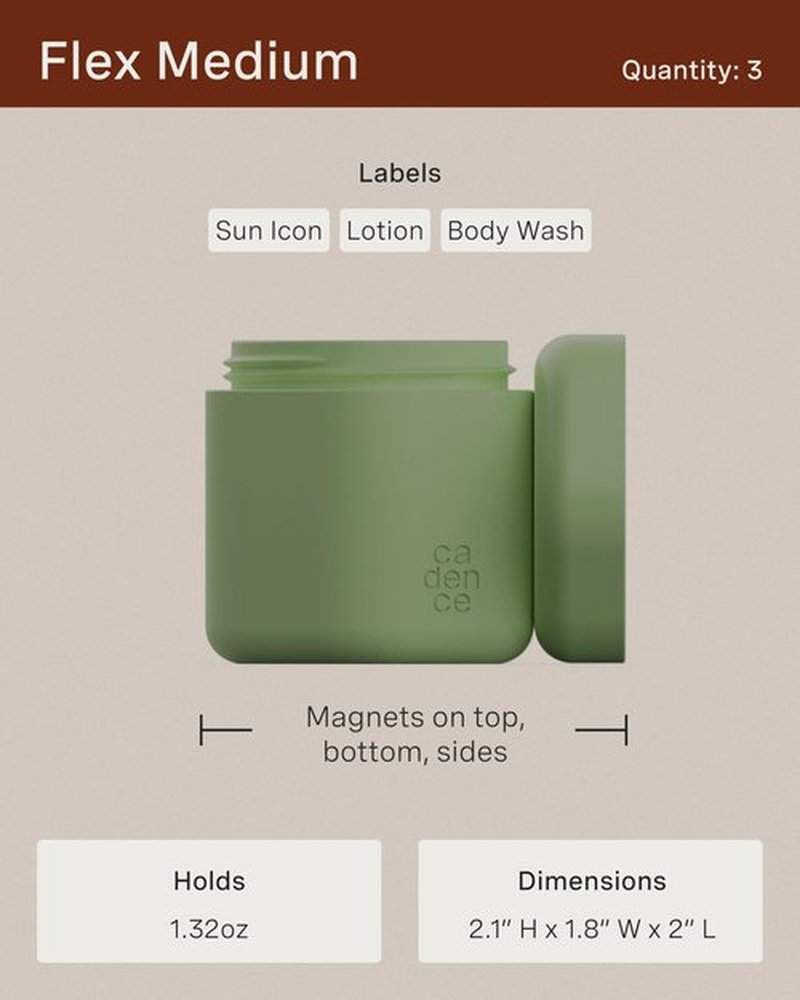 Cadence Travel Containers - Body Care Capsule Set - Magnetic Travel Capsules - For Body Wash, Lotions, Sunscreens - 3 Flex Mediums (1.32oz) with Body Wash, Lotion, & Sun Icon Labels - Evergreen