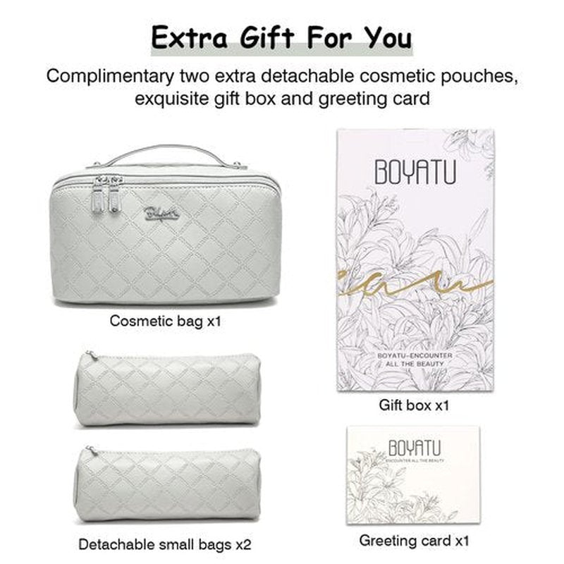 Travel Makeup Bags Cosmetic Organizer Bag: 3-Set Large Capacity Make up Bag - PU Leather Toiletry Bag for Women - Wide Open Portable Pouch with Divider & Handle (07-Gray)