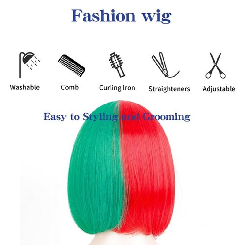 WeKen Red and Green Wig for Women Girls Short Bob Half Green Half Red Wig with Bangs for Women Cosplay Synthetic Wig Daily Party