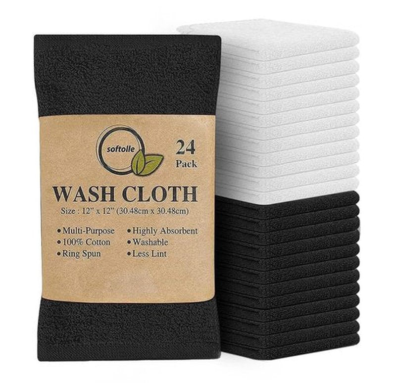 Softolle 100% Cotton Ring Spun Wash Cloths – Bulk Pack of Washcloths – 12x12 Inches – Wash Cloth for Face, Highly Absorbent, Soft and Face Towels (Black/White, 24 Pack)