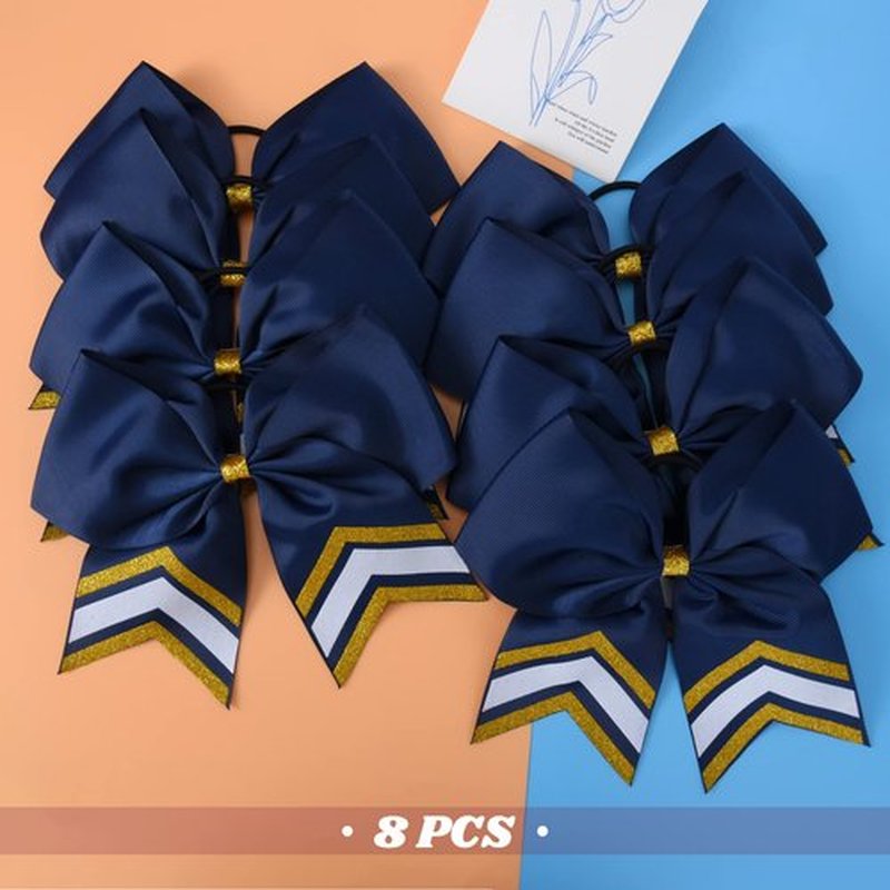 DEEKA 8PCS Large Glitter Cheer Bows Shiny 7" Cheer Hair Bows Ponytail Holder Handmade for Cheerleader Girls Softball Sports -Navy/g Gold