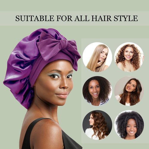 Satin Silk Hair Bonnets for Sleeping Large Bonnets with Tie Band Hair Wrap with Adjustable Straps Hair Cap Night Sleep Caps for Women Curly Braid Hair(Black,Purple)