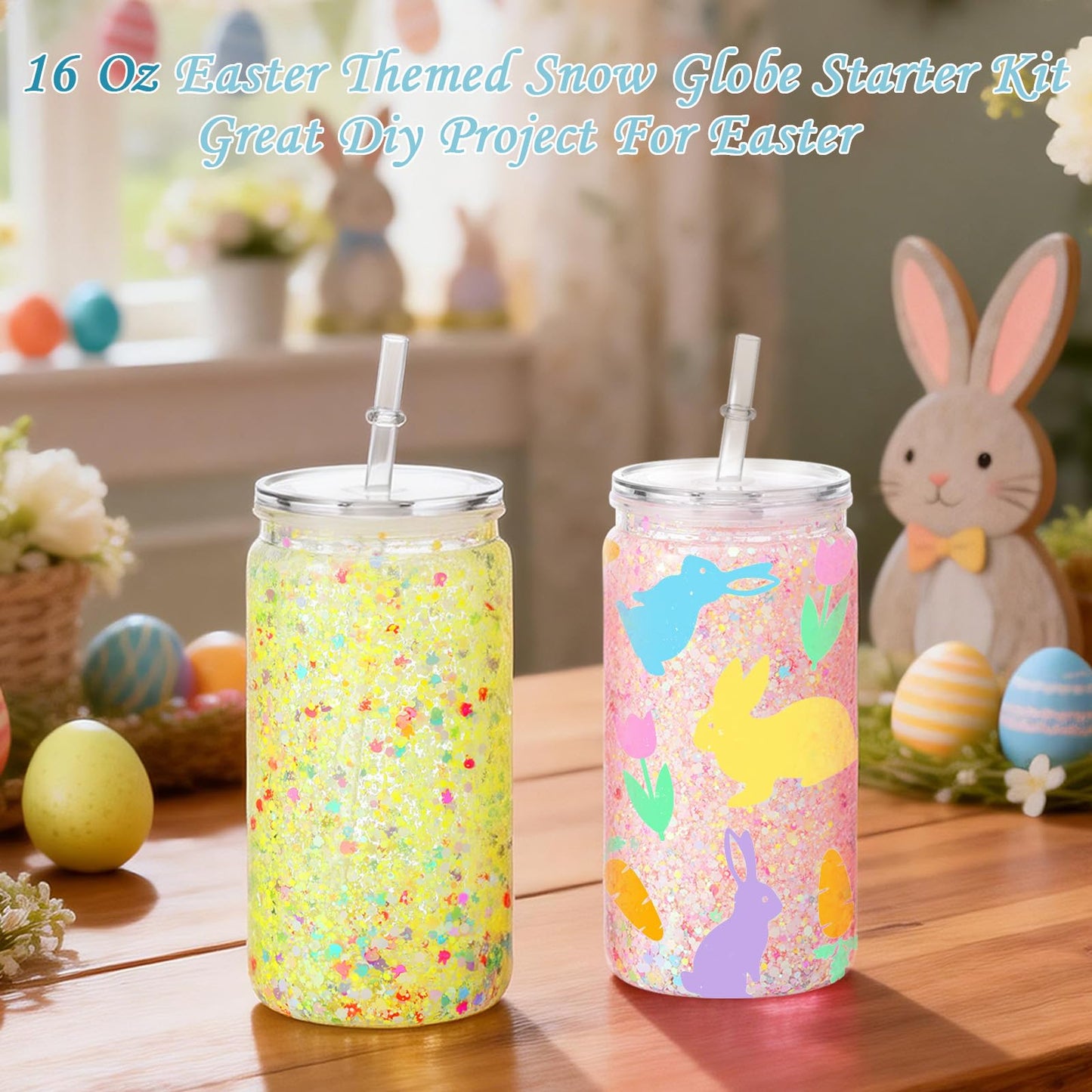 Snoverre 6 Pack 16 Oz Easter Themed Acrylic Snow Globe Tumbler DIY Starter Kit, Double Wall Plastic Pre-Drilled Snowglobe Tumbler Supplies Craft Tool Set, Including Uv Dtf Wrap