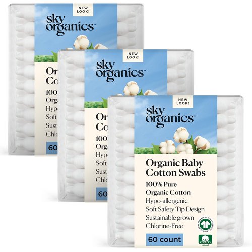 Sky Organics - Organic Baby Cotton Swabs, 180 ct. - Ultra Soft Baby Safe Tips - Strong & Durable - Hypoallergenic - Chlorine Free - with Ebook - Natural, Vegan & Cruelty Free - Skin Care & Baby Care