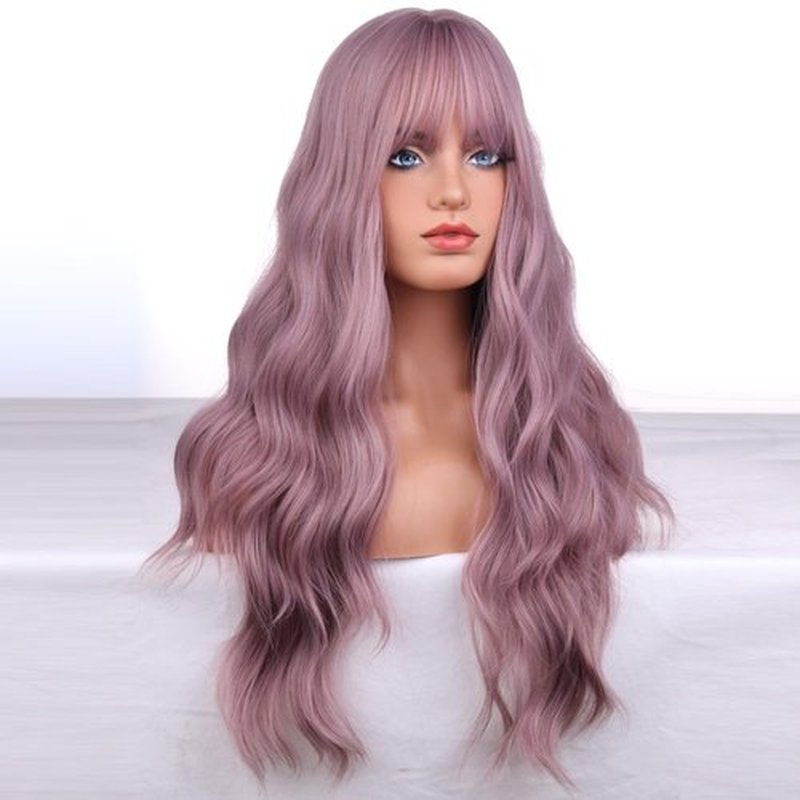 BERON 26 Inches Purple Wig Long Curly Wig Taro Purple Wigs with Bangs Long Wavy Dust Purple Wigs for Halloween Party