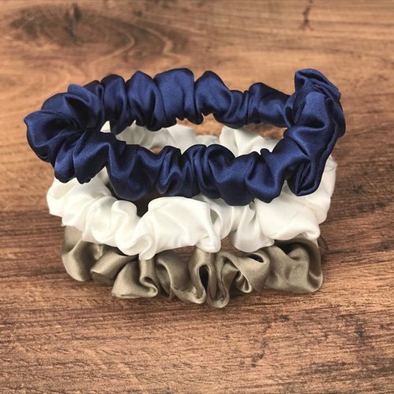 Celestial Silk Mulberry Silk Scrunchies for Hair (Small, Dark Taupe, Navy, Ivory)