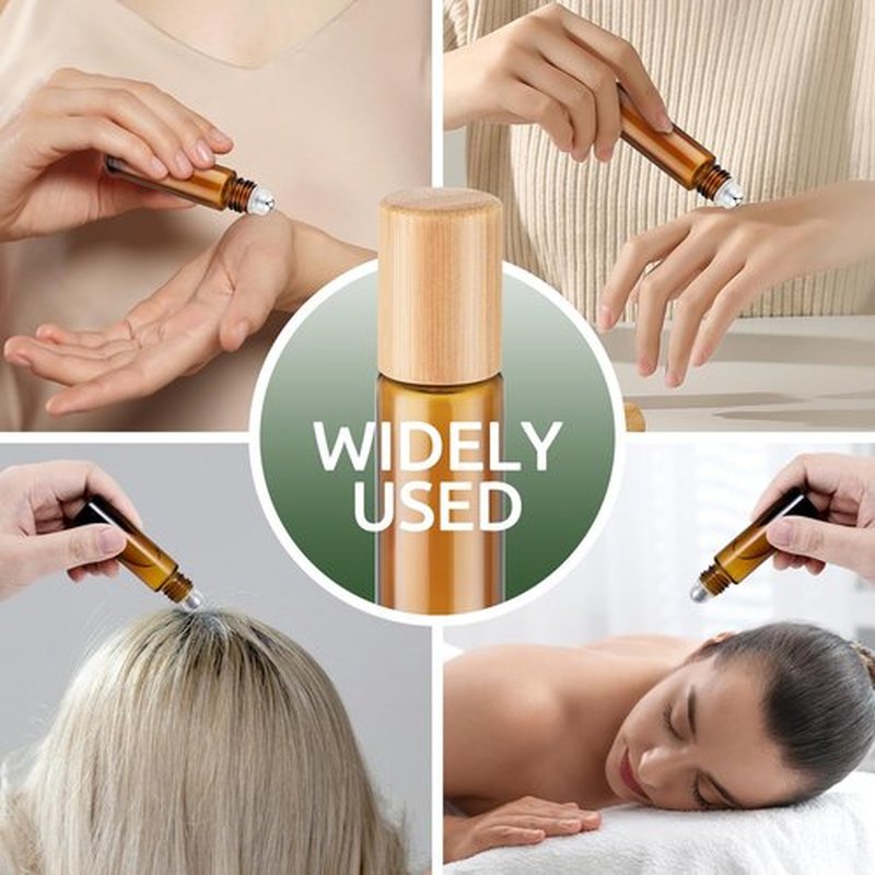 4 Pack, Essential Oil Roller Bottles, Amber Glass Roller Balls for Essential Oils, 10ml Empty Rollerball Bottles for Travel Refillable Roll on Perfume Bottles with Bamboo Plastic Caps