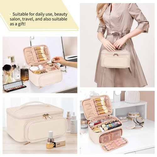 OCHEAL Makeup Bag, Multifunctional Make Up Bags Large Compact Makeup Bag Organizer Cosmetics Toiletry Brushes Storage Case for Women Girls Makeup Case with Handle Divider-Beige
