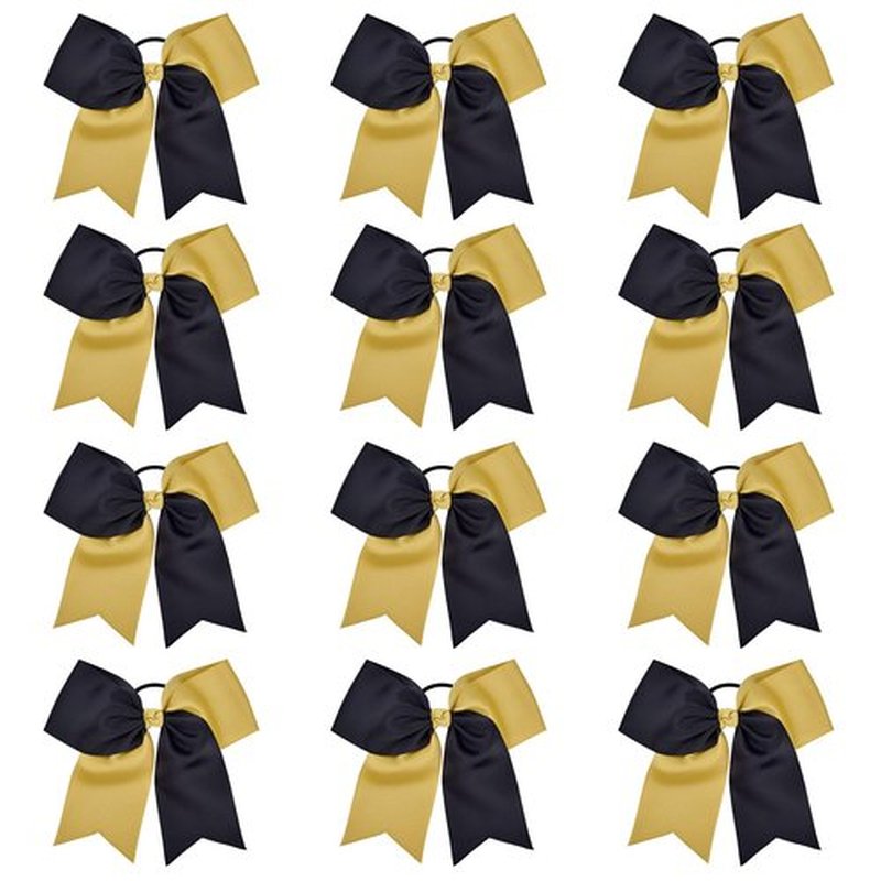 DEEKA 12PCS 8" Two Toned Large Cheer Hair Bows Ponytail Holder Handmade for Teen Girls Softball Cheerleader Sports -Gold/Black