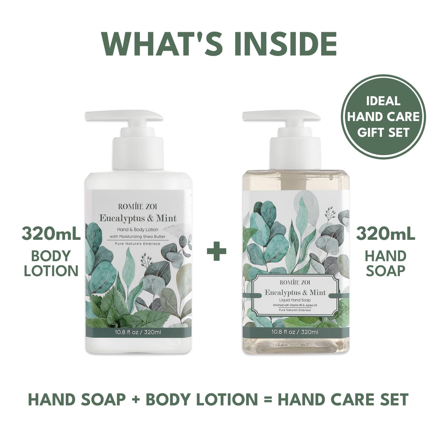 ROMIIE ZOI Eucalyptus Mint Liquid Hand Soap and Lotion - 320ml / 10.8 Fl Oz Each - Invigorating Zest, Gentle on Hands
