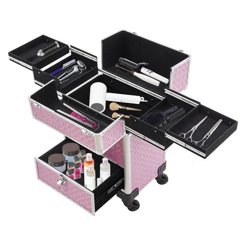 Rolling Nail Case Wheeled Manicure Storage Case, Professional Cosmetology Case, Large Cosmetic Trolley Travelling Cart Trunk with Locks and Drawers, Makeup Case with 4 Universal Wheels (Pink)