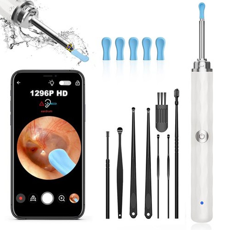 Ear Wax Removal, Ear Cleaner with Camera and Light, Ear Wax Removal Kit with 1296P Otoscope, Ear Cleaning Tool with 6 Ear Spoon, Ear Camera for iPhone & Android Phones,White