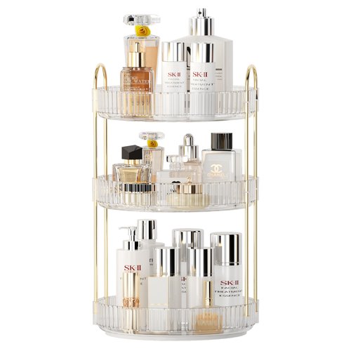 YCIA&DONE 360 Rotating Makeup Organizer and Storage for Vanity Countertop 3 Tiers, High Capacity Cosmetic Skincare Perfume Organizer for Dresser Bathroom Lazy Susan Organizer(Clear White)