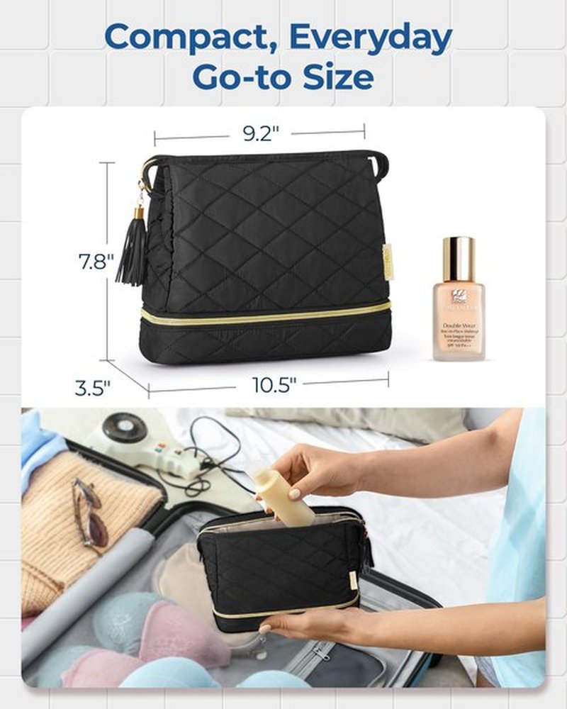 BAGSMART Makeup Bag Travel Cosmetic Bag,Puffy Make Up Bags for Women Double Layer Makeup Organizer Case,Wide-open Puffer Pouch for Purse Storage Travel Essentials Toiletries Accessories Brushes, Black