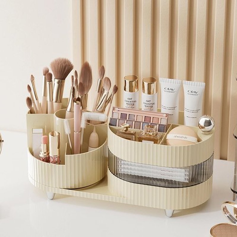 Artcochan Makeup Organizer Countertop 360°Rotating Makeup Organizer for Vanity - Make Up & Jewelry Storage Cosmetic Storage Holder with Makeup Brush Holder and Jewelry Storage (3 Tiers, Cream)