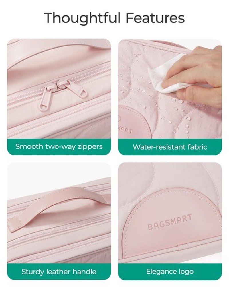 BAGSMART Toiletry Bag for Women, Wide-open Makeup Bag Organizer for Travel Essentials Travel-size, Water-resistant Large Capacity Cosmetic Bag for Accessories, Shampoo, Toiletries with Handle, Beige