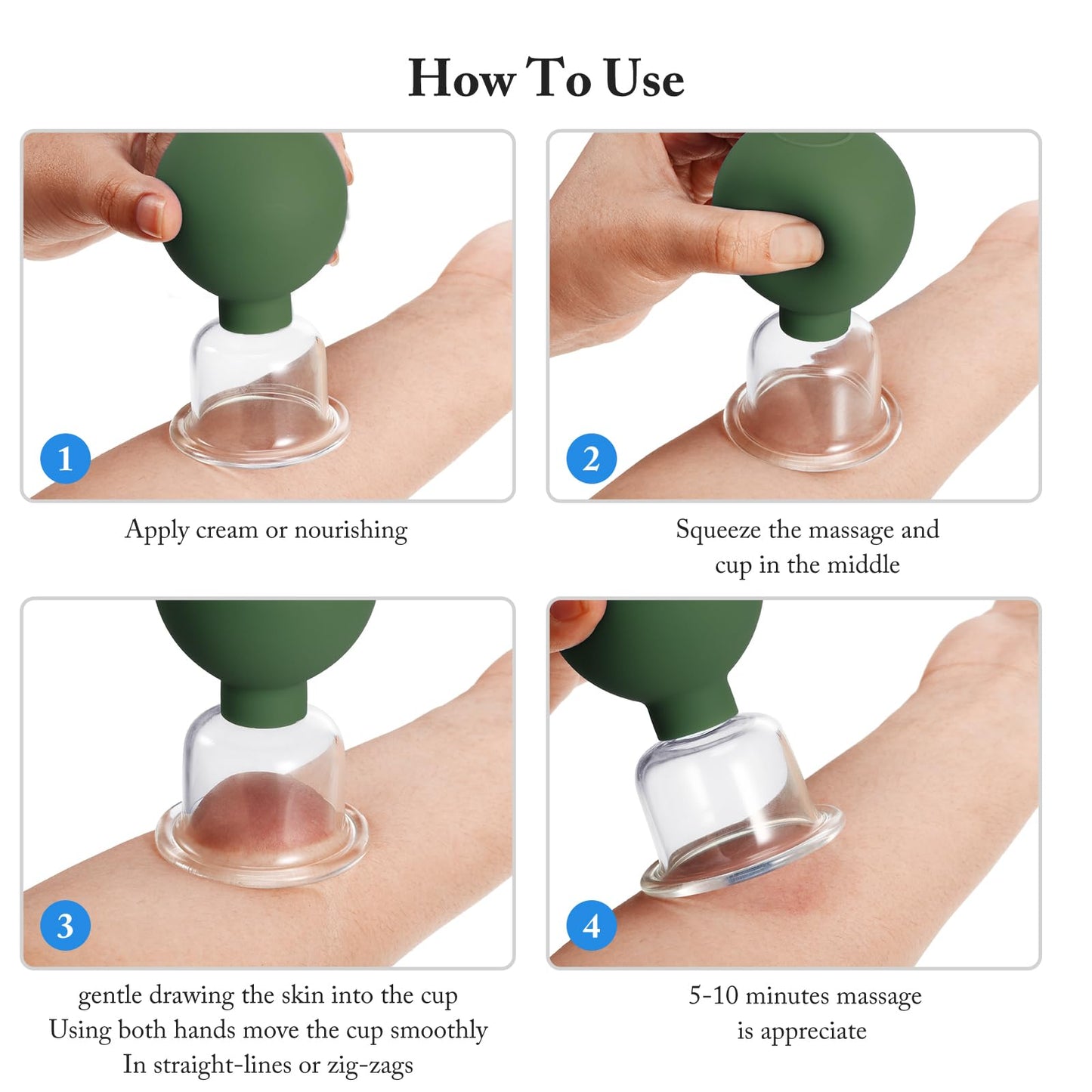 BBTO 4 Pcs Glass Facial Cupping Set Silicone Vacuum Suction Massage Cups Skin Tightening Therapy for Face Body Eyes Back Shoulder Pain(Military Green)