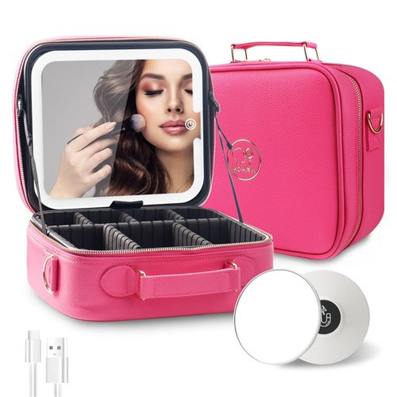 MOMIRA Travel Makeup Bag Cosmetic Bag with Lighted Mirror, Adjustable Brightness in 3 Color Scenarios/Detachable makeup mirror, 2024-All-round Upgrade, Waterproof, Gift for Women -Rose Red