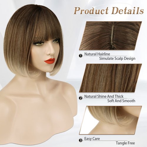 SOFEIYAN Short Straight Ombre Brown Bob Wigs with Bangs Synthetic Wigs Colorful Daily Party Cosplay Hair Wig for Women Ladies 12 inch Short Bob Wigs