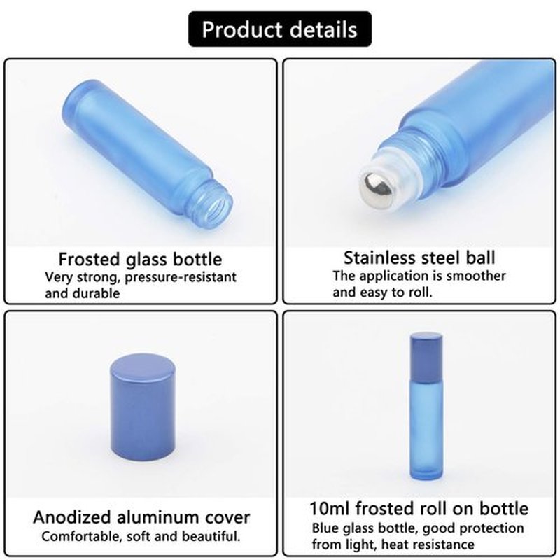 Kesell Glass Roller on Bottle, 10ml Refillable Essential Oil Bottle with Stianless Steel Ball, Pack of 10 (Light blue)