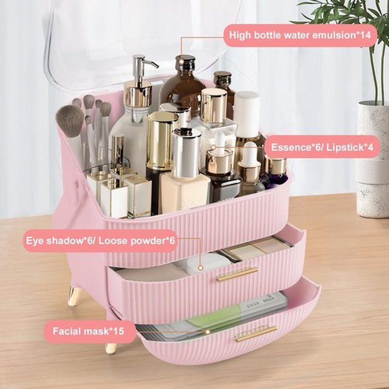 Make up Organizers and Storage, Makeup Organizer for Vanity, Cosmetics Skincare Organizers with Lid and Drawers, Cosmetic Display Cases for Countertop, Bathroom, Ideal Gifts for Women(Pink)