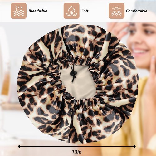 Satin Bonnet Silk Bonnet for Curly Hair Bonnet Braid Bonnet for Sleeping Bonnets for Women Large Double-Layer Adjustable(Leopard)