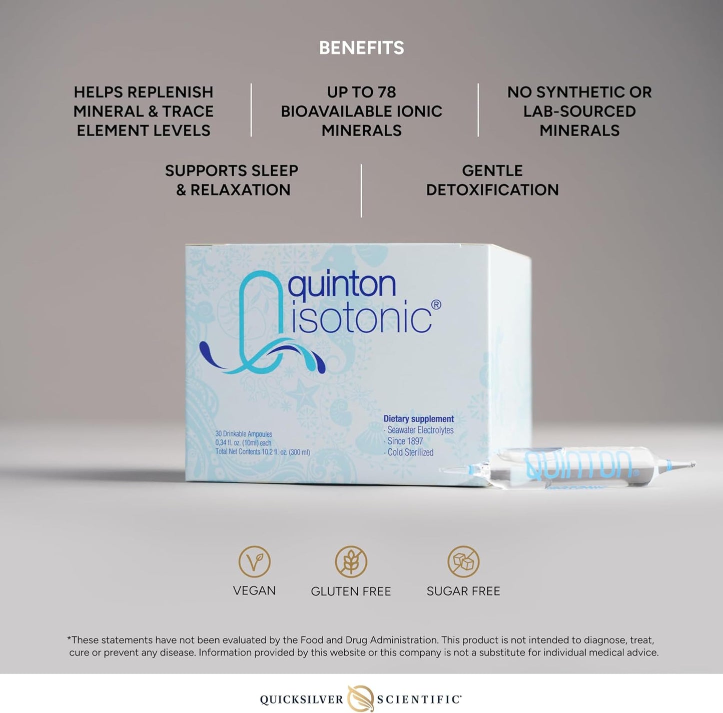 Quicksilver Scientific Original Quinton Isotonic Solution with Sea Water Minerals + Alpine Spring Water - Liquid Hydration, Electrolyte + Multi Minerals Supplement (30 Single Serving Vials)