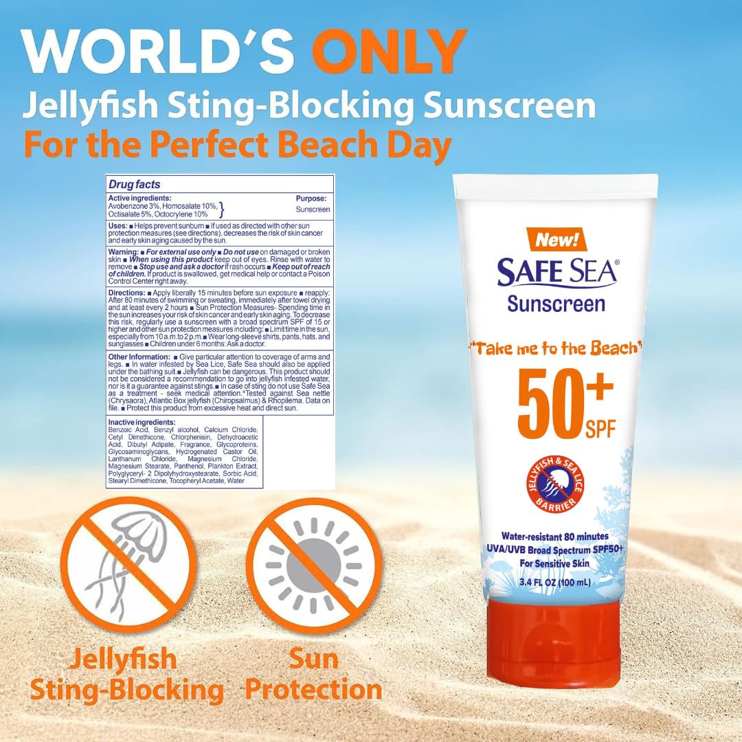 Safe Sea Anti-Jellyfish Sting Protective Lotion - Sunscreen - Sunblock - Sea Lice - Jelly Fish - 50SPF Adults (Tube 3.4 oz 3 pack)