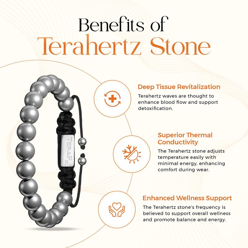TeraRX® Terahertz Bracelet – 100% Authentic Terahertz Stone Bracelet for Women and Men – Adjustable Size Beaded Jewelry for Perfect Fit (Round 8MM Beads)