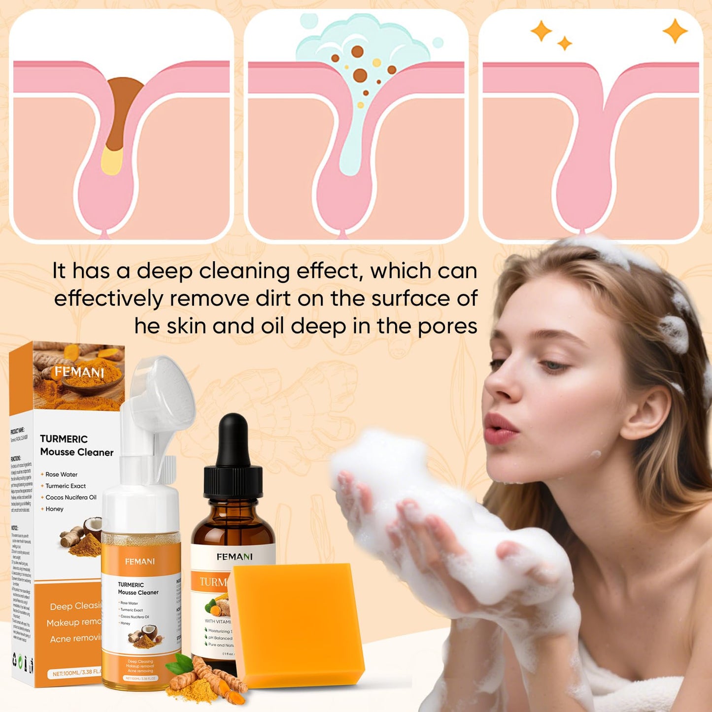 Turmeric Face Wash Set, Turmeric Facial Cleanser & Turmeric Soap Bar & Oil for Face & Body Suit to All Skin Type, Protect Sensitive Skin Improve Skin Condition Soothing Irritation