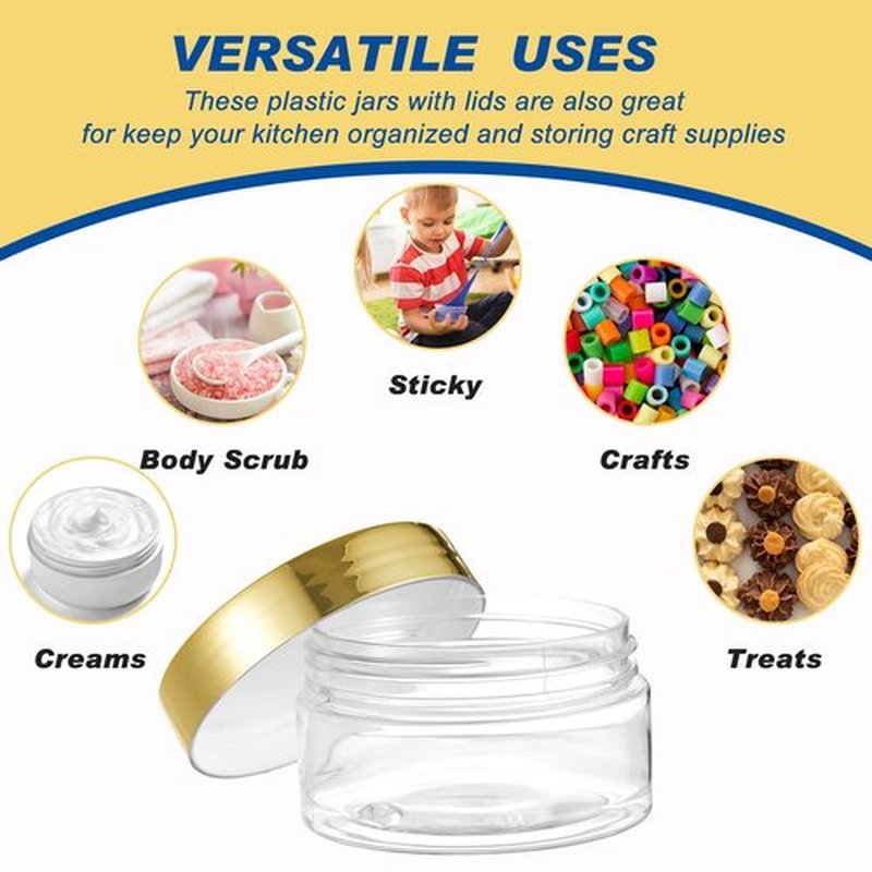 Dandat 24 Pcs Plastic Jars with Lid and Label PET Cosmetic Containers Leak Proof Empty Cosmetic Jars Refillable Storage Travel Jars for Lotion Cream Gel Powder Ointment(Clear with Gold Lid,4 oz)