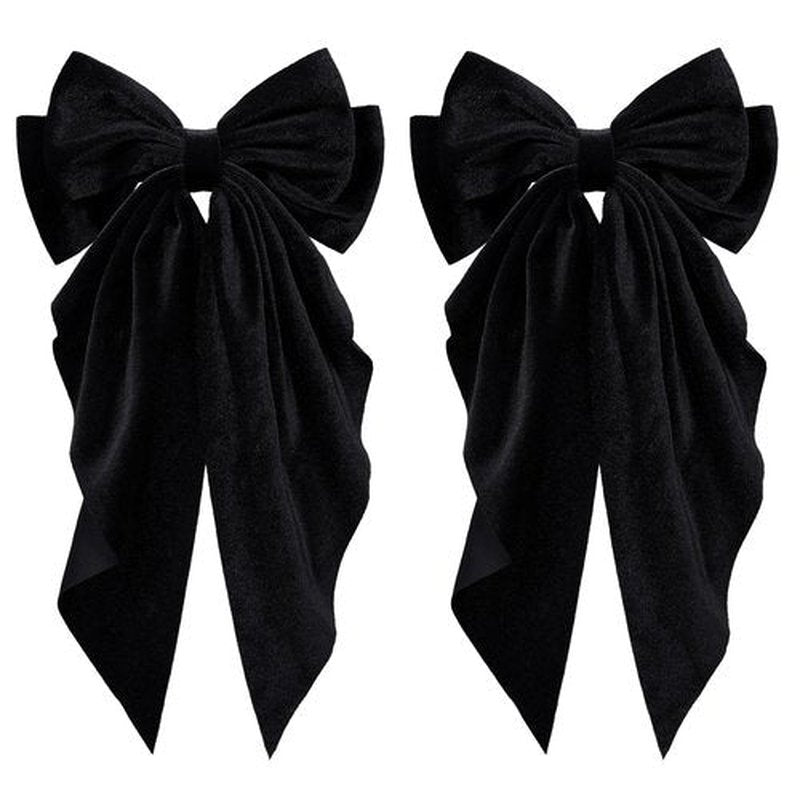 2pc Large Hair Bows for Women Girls Thick Hair,Black Velvet Ribbon Hair Bow Clips with Long Tail French Barrette Hair Clamps Wedding Ponytail Holder Decor Accessories