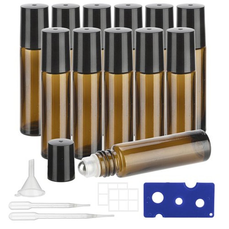 GIVITASOT 10ML Essential Oil Roller Bottles, 12 Pack Amber Oil Roller Bottles for Essential Oils, Roll on Bottles with Stainless Steel Balls(12 Labels, Opener, Funnel, Dropper Included)
