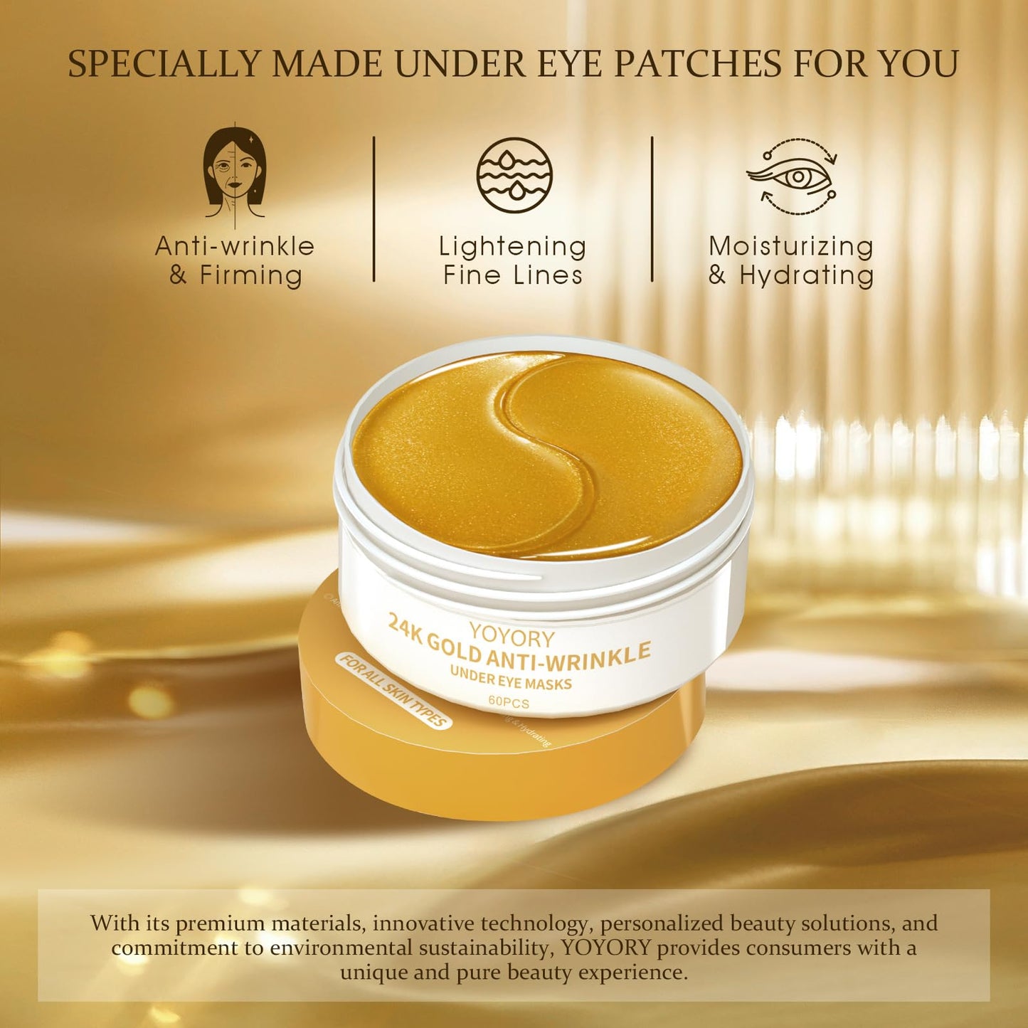 YOYORY Under Eye Patches for Dark Circles & Puffy Eyes - 60 Hydrogel Eye Mask Patches with Caffeine, Collagen & Niacinamide - Anti Wrinkle Smile Line Patches, Self Care Gifts for Women,Gold