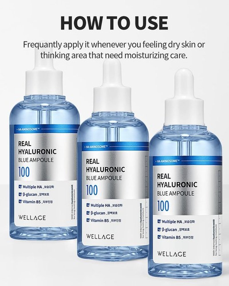 WELLAGE Real Hyaluronic Blue Ampoule 100, Fragrance Free Hyaluronic Acid Ampoule, Hydrating Non Sticky Serum for Sensitive Dry Skin, 1.01 fl.oz