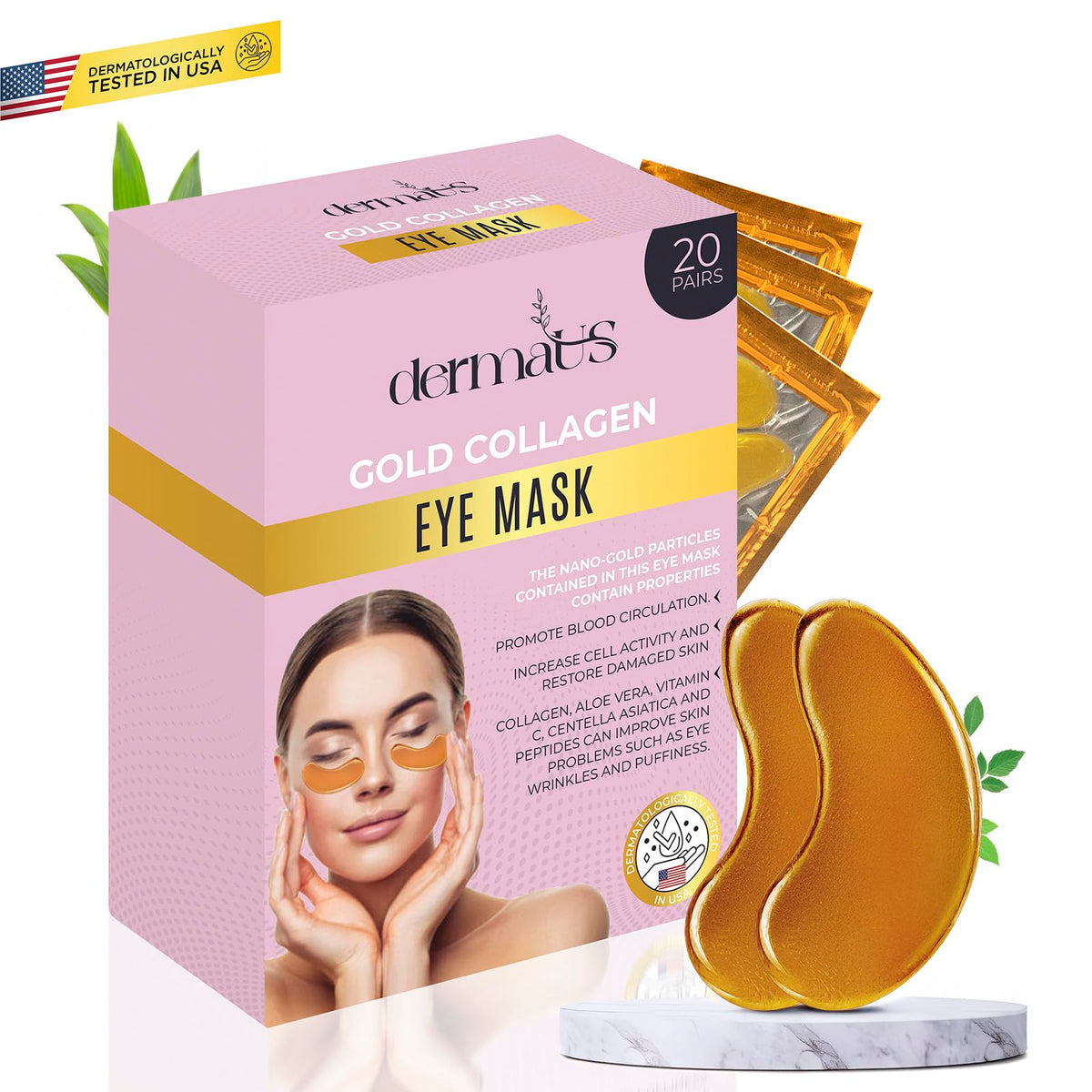 dermaUS Under Eye Patches – 20 Pairs Collagen Gold Eye Mask with Hyaluronic Acid, Green Tea, Aloe & Matcha – Puffy Eyes, Dark Circles, Wrinkles & Bags Treatment – For All Skin Types