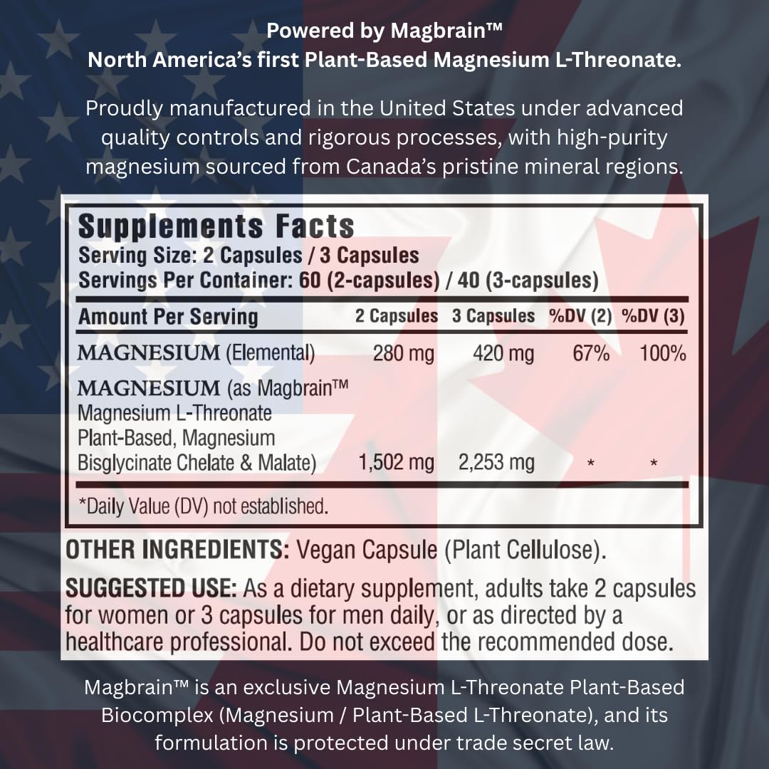 Kappa Nutrition Powered by Magbrain™ Magnesium L-Threonate Plant-Based, 420mg Elemental Magnesium (3 Capsules) from 2,253mg, 120 Vegan Capsules, Brain, Sleep & Muscle Support.