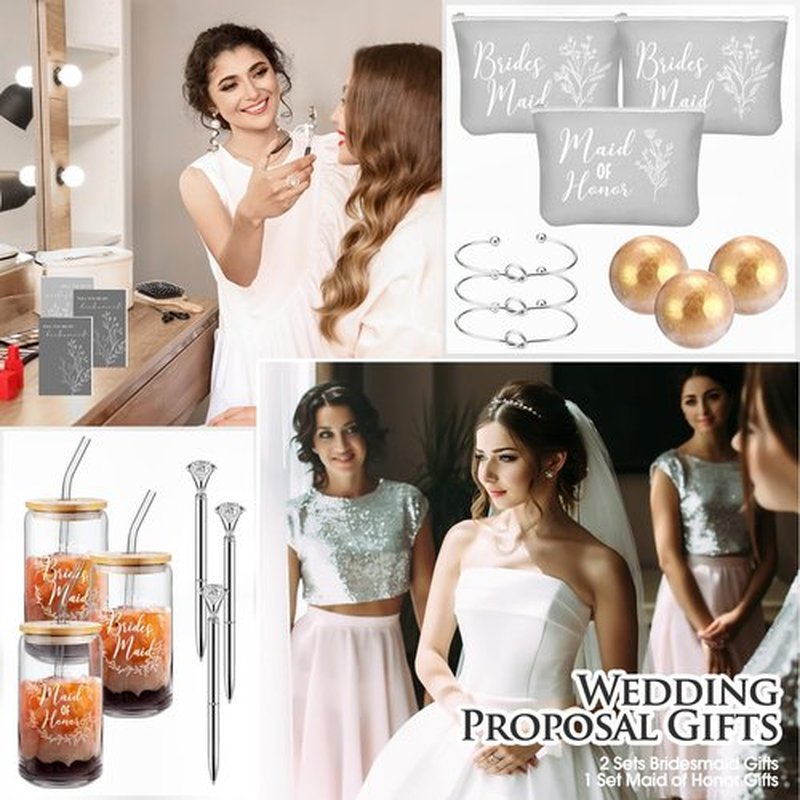 Skybooly 18 Pcs Bridesmaid Proposal Gifts Maid of Honor Gifts Including Brides Maid Glass Cup Makeup Bag Diamond Pen Bracelet Invited Cards for Wedding Party Favors(Gray)