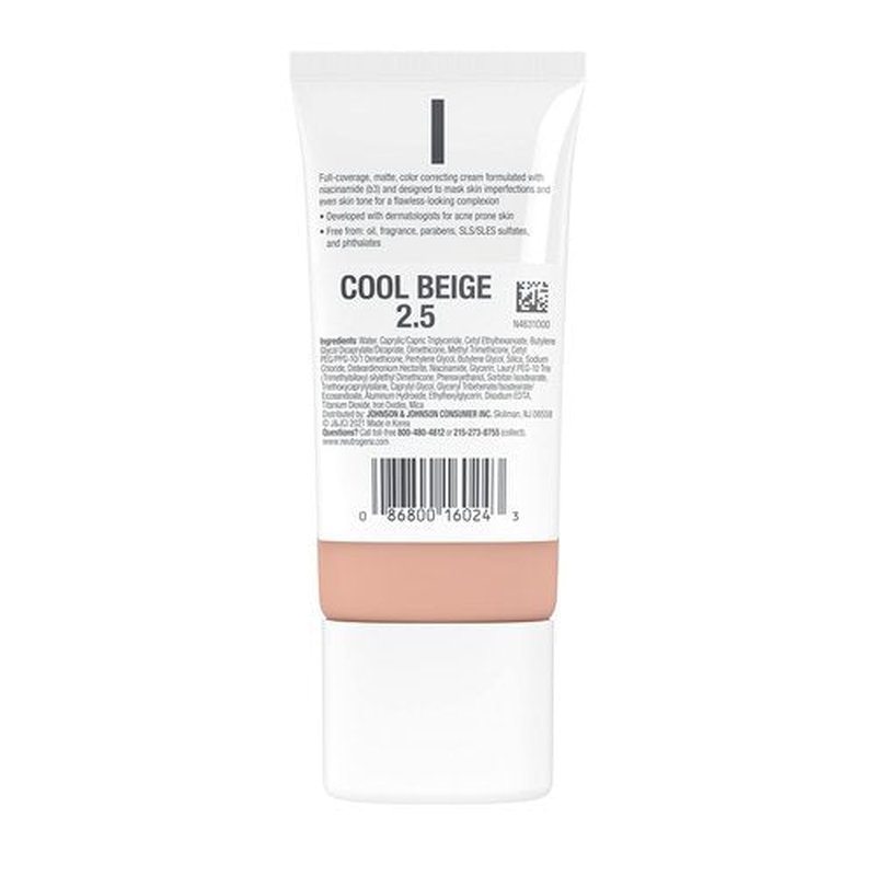 Neutrogena Clear Coverage Flawless Matte CC Cream, Full-Coverage Color Correcting Cream Face Makeup with Niacinamide (b3), Hypoallergenic, Oil Free & -Fragrance Free, Cool Beige, 1 oz