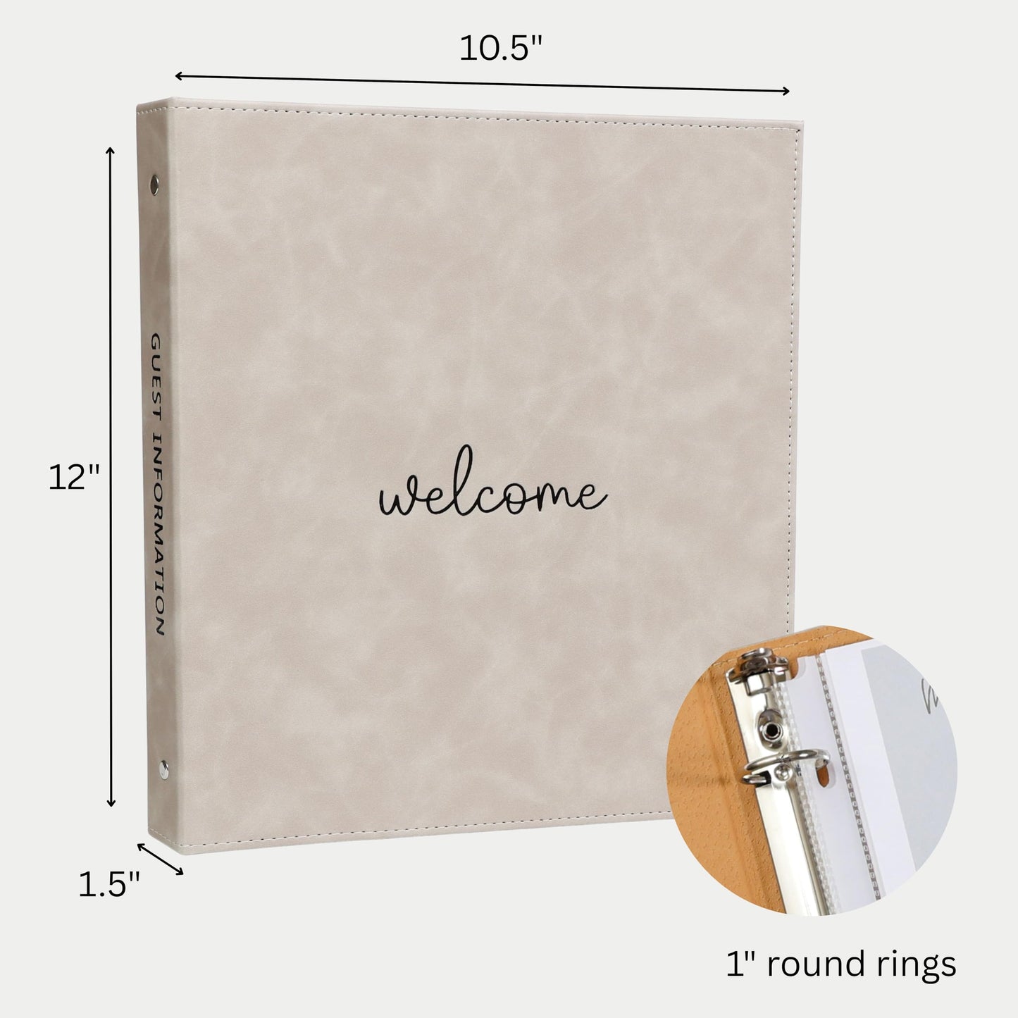 Paper 'n Such Welcome Binder for Short Term Rentals – Grey Faux Leather 3 Ring Folder for Airbnb, Vacation Home, House Manual & Guest Information - Letter Size