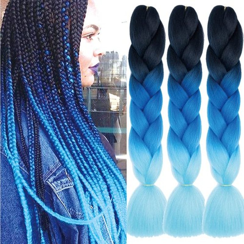 Xiaofeng Braiding Hair Extensions for Women 3 Packs 100g/Pack 24Inch High Temperature Ombre Jumbo Synthetic Braiding Hair for Twist Crochet Braids (24 Inch (Pack of 3), black-blue-light blue)