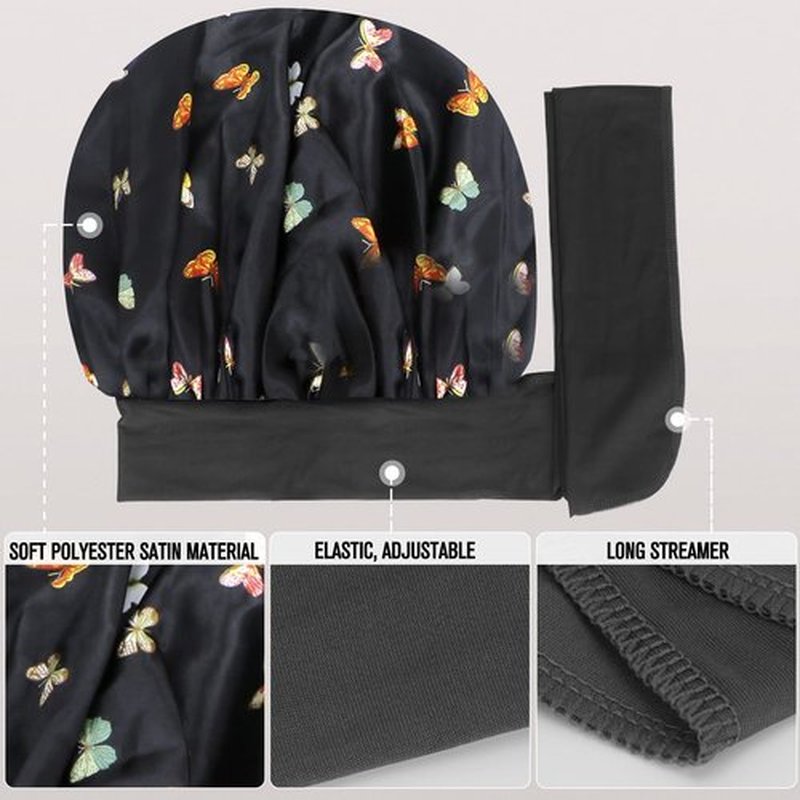 Arqumi Satin Silk Bonnet for Sleeping Women - 2 Pcs Large Long Strap Tie Band Adjustable Sleep Night Shower Cap Hair Bonnet Wrap for Men Reusable, Butterfly Pattern Purple+ Black
