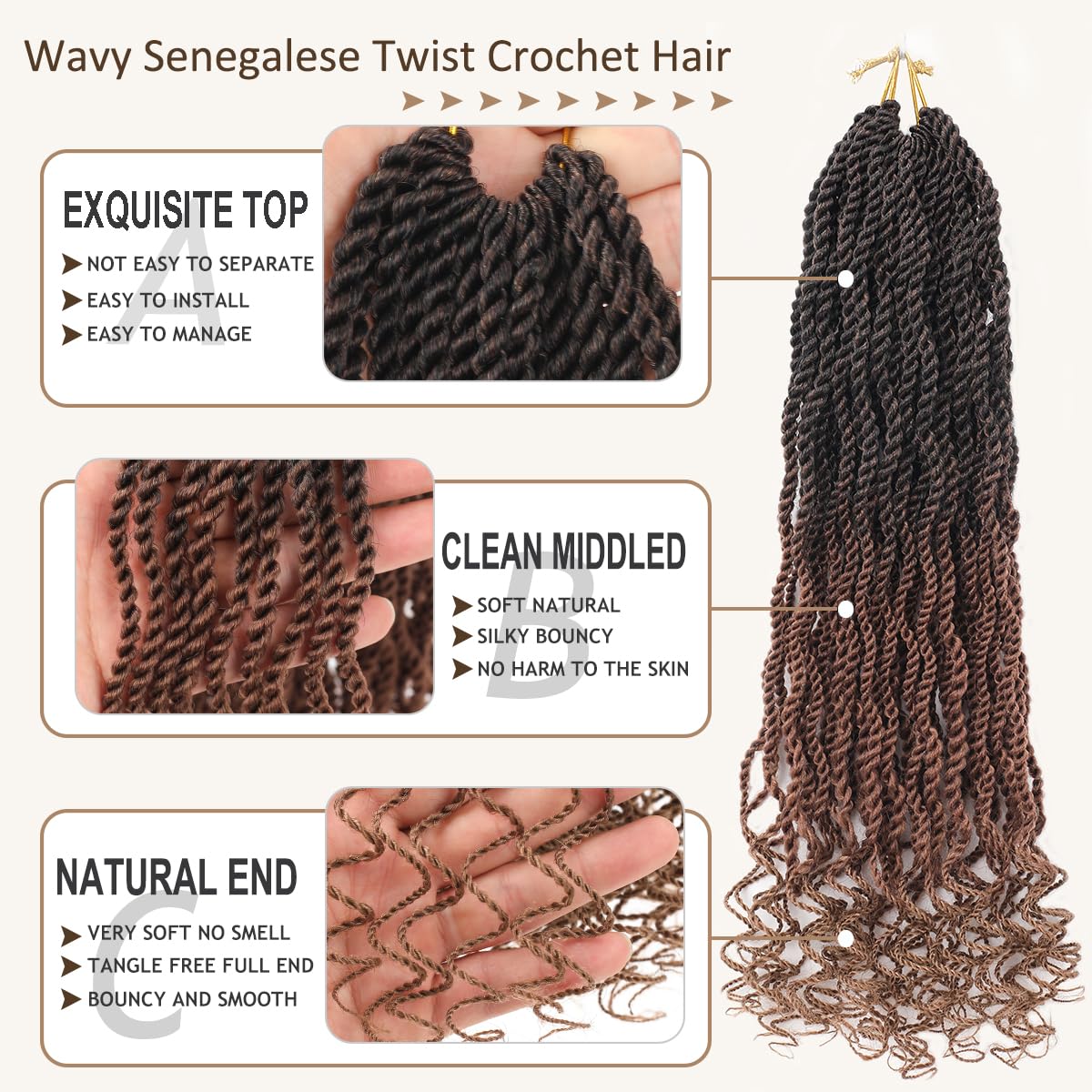 Kachanaa 12 Inch Wavy Senegalese Twist Crochet Hair 8 Pack Synthetic Short Pre Looped Kids Crochet Braids with Curly Ends Pre Twisted Small Havana Twist Braiding Hair for Black Women 1B3027#